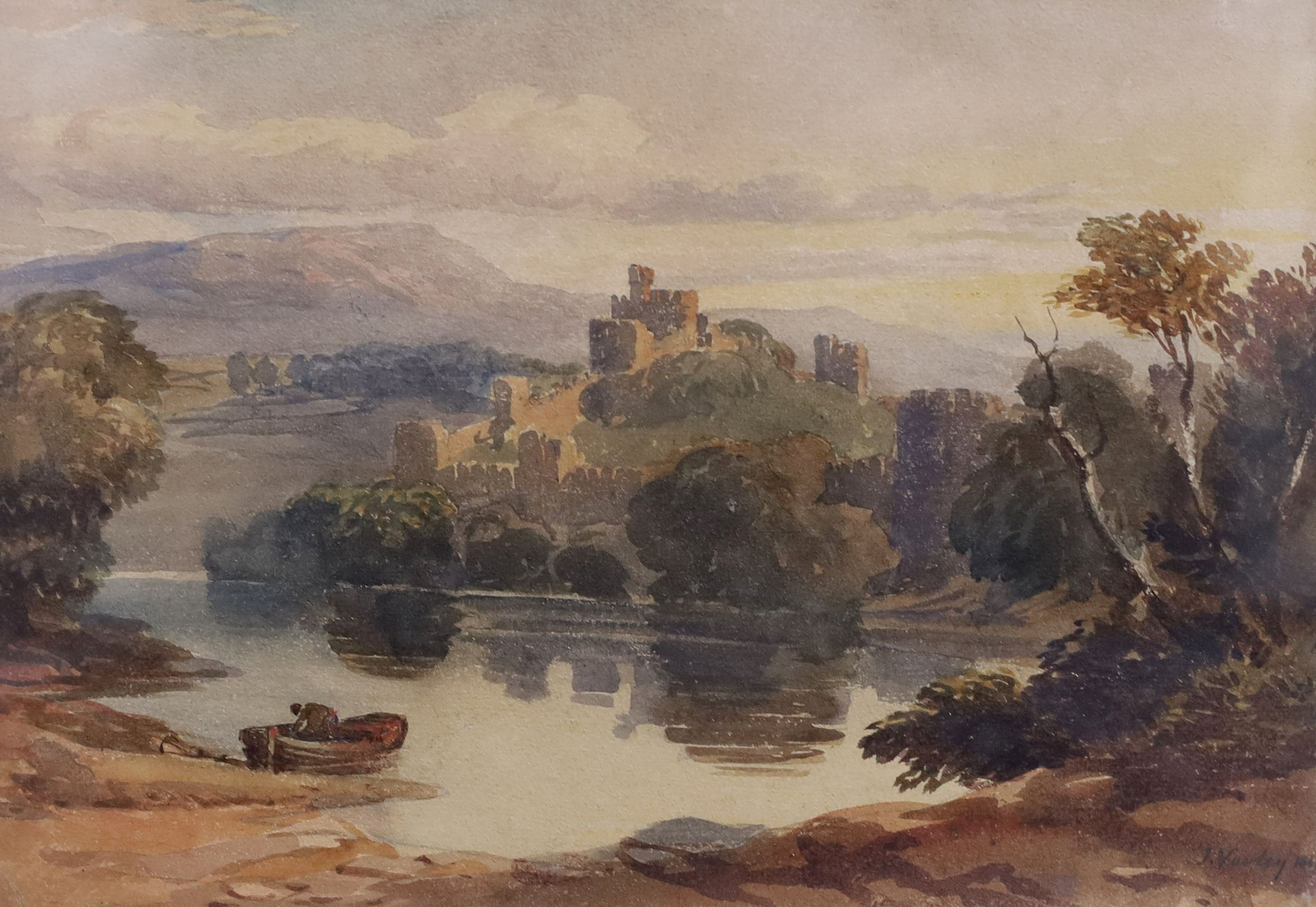 John Varley (1778-1842), watercolour, Castle in a landscape with boatman, signed and dated 1841, 22 x 32.5cm